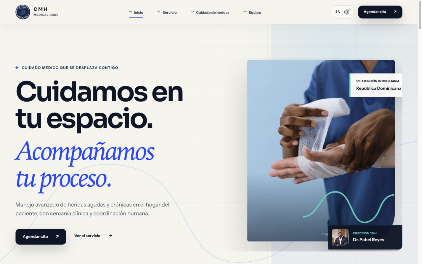 Versión web del sitio real de CMH Medical Care para cuidado médico y manejo de heridas a domicilio