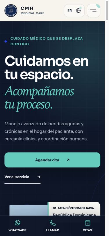 Versión móvil del sitio real de CMH Medical Care para cuidado médico y manejo de heridas a domicilio