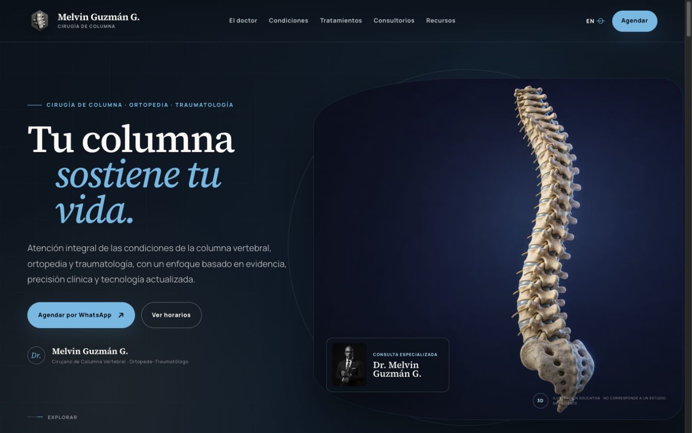 Versión web del sitio real del Dr. Melvin Guzmán, especialista en cirugía de columna y ortopedia
