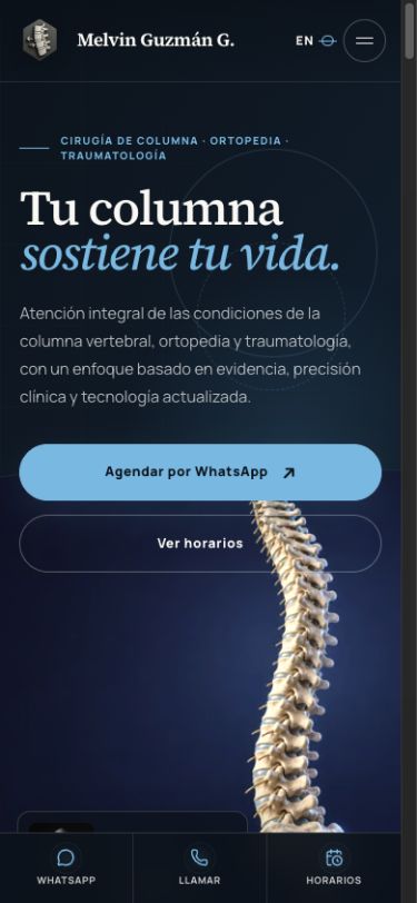 Versión móvil del sitio real del Dr. Melvin Guzmán, especialista en cirugía de columna y ortopedia