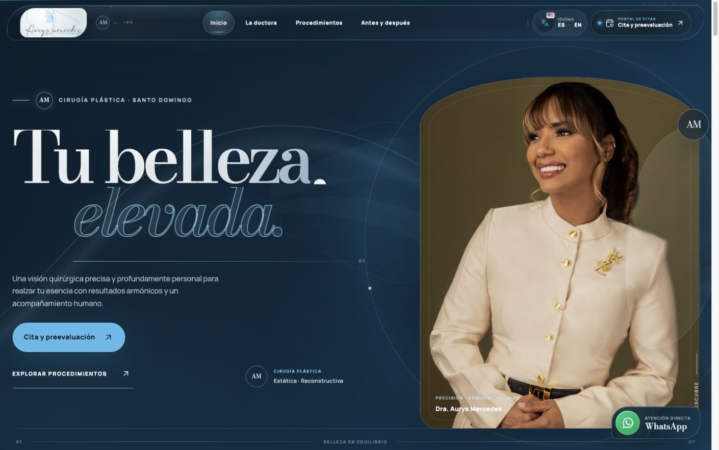 Versión web del sitio real de la Dra. Aurys Mercedes, cirujana plástica, reconstructiva y estética en Santo Domingo