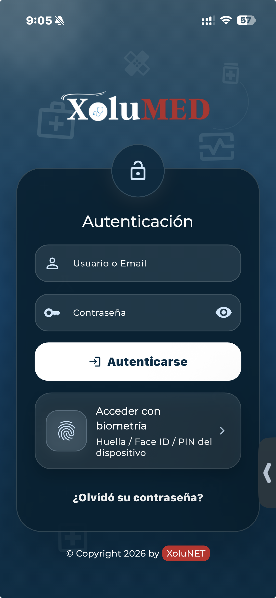 Pantalla actual de autenticación móvil de XoluMED